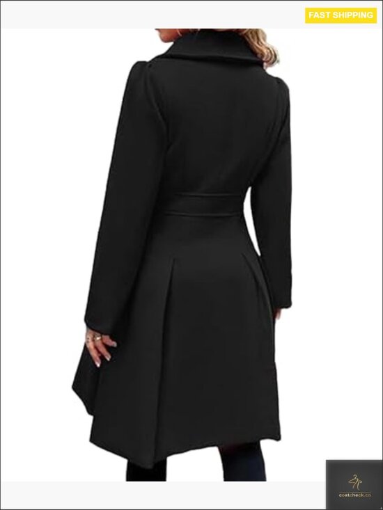 Double Breasted Wool Blend Pea Coat Notch Lapel A-Line Slim Flared Trench - Picture 4 of 5